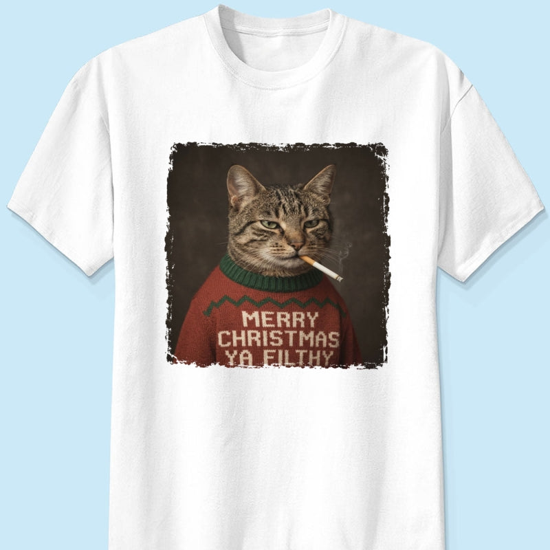 Funny Christmas Smoking Cat Upload Pet Photo - Personalized Shirt - Sarcastic Holiday Meme Tee, Cool Cat Lover Gift, Vintage Grunge Xmas Cat Gift, Ironic Pet Shirt