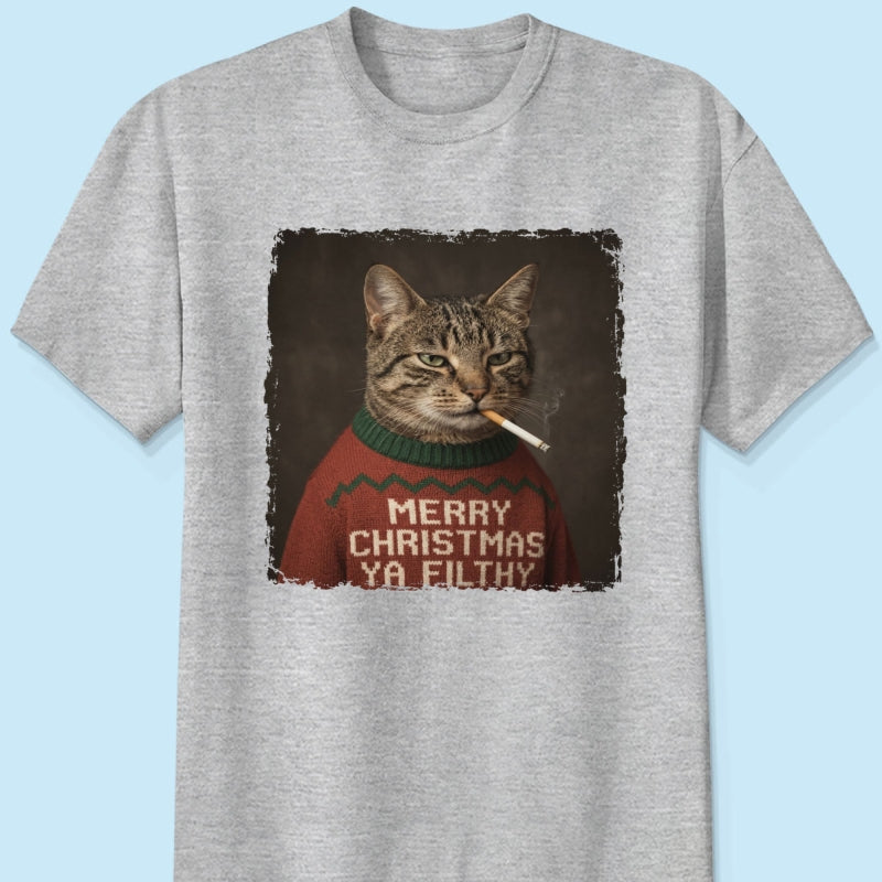 Funny Christmas Smoking Cat Upload Pet Photo - Personalized Shirt - Sarcastic Holiday Meme Tee, Cool Cat Lover Gift, Vintage Grunge Xmas Cat Gift, Ironic Pet Shirt