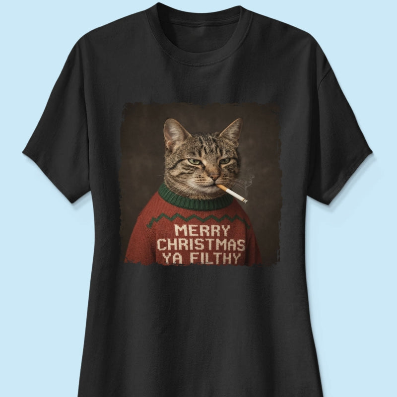 Funny Christmas Smoking Cat Upload Pet Photo - Personalized Shirt - Sarcastic Holiday Meme Tee, Cool Cat Lover Gift, Vintage Grunge Xmas Cat Gift, Ironic Pet Shirt