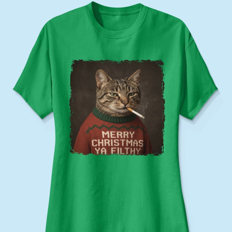 Funny Christmas Smoking Cat Upload Pet Photo - Personalized Shirt - Sarcastic Holiday Meme Tee, Cool Cat Lover Gift, Vintage Grunge Xmas Cat Gift, Ironic Pet Shirt