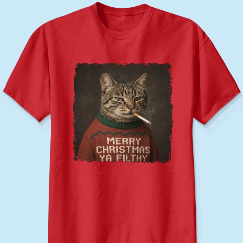 Funny Christmas Smoking Cat Upload Pet Photo - Personalized Shirt - Sarcastic Holiday Meme Tee, Cool Cat Lover Gift, Vintage Grunge Xmas Cat Gift, Ironic Pet Shirt