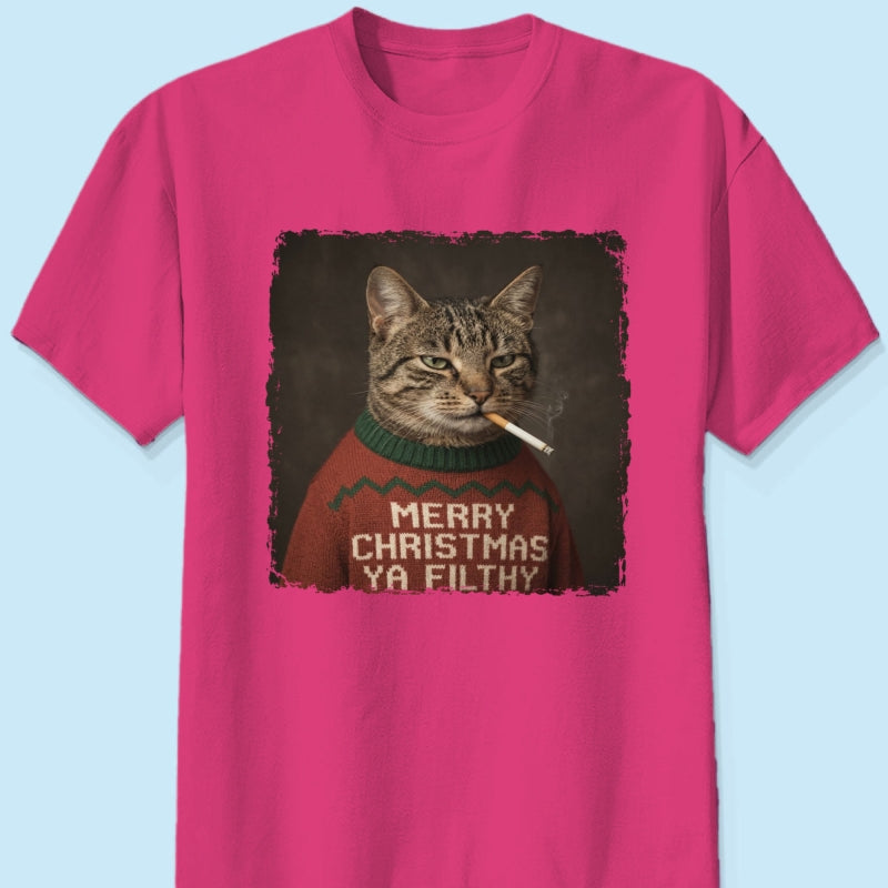 Funny Christmas Smoking Cat Upload Pet Photo - Personalized Shirt - Sarcastic Holiday Meme Tee, Cool Cat Lover Gift, Vintage Grunge Xmas Cat Gift, Ironic Pet Shirt