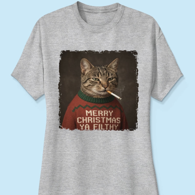 Funny Christmas Smoking Cat Upload Pet Photo - Personalized Shirt - Sarcastic Holiday Meme Tee, Cool Cat Lover Gift, Vintage Grunge Xmas Cat Gift, Ironic Pet Shirt