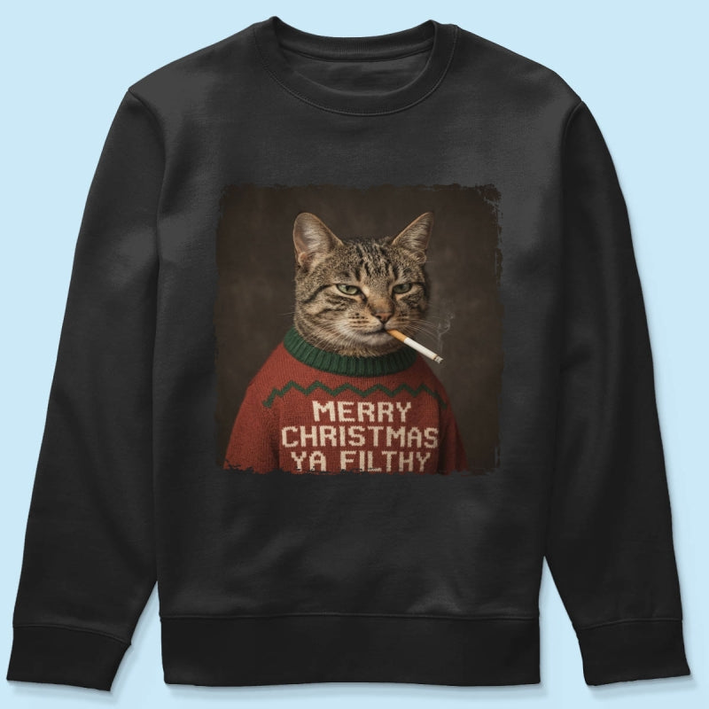 Funny Christmas Smoking Cat Upload Pet Photo - Personalized Shirt - Sarcastic Holiday Meme Tee, Cool Cat Lover Gift, Vintage Grunge Xmas Cat Gift, Ironic Pet Shirt