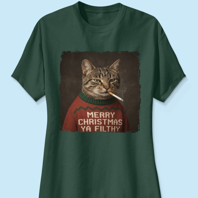 Funny Christmas Smoking Cat Upload Pet Photo - Personalized Shirt - Sarcastic Holiday Meme Tee, Cool Cat Lover Gift, Vintage Grunge Xmas Cat Gift, Ironic Pet Shirt