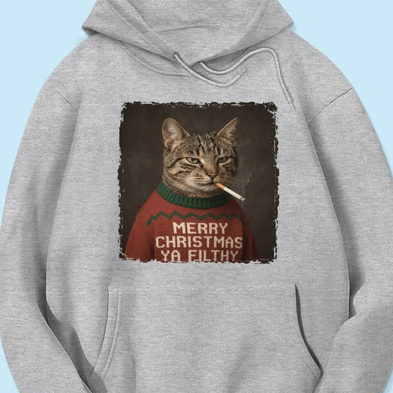 Funny Christmas Smoking Cat Upload Pet Photo - Personalized Shirt - Sarcastic Holiday Meme Tee, Cool Cat Lover Gift, Vintage Grunge Xmas Cat Gift, Ironic Pet Shirt