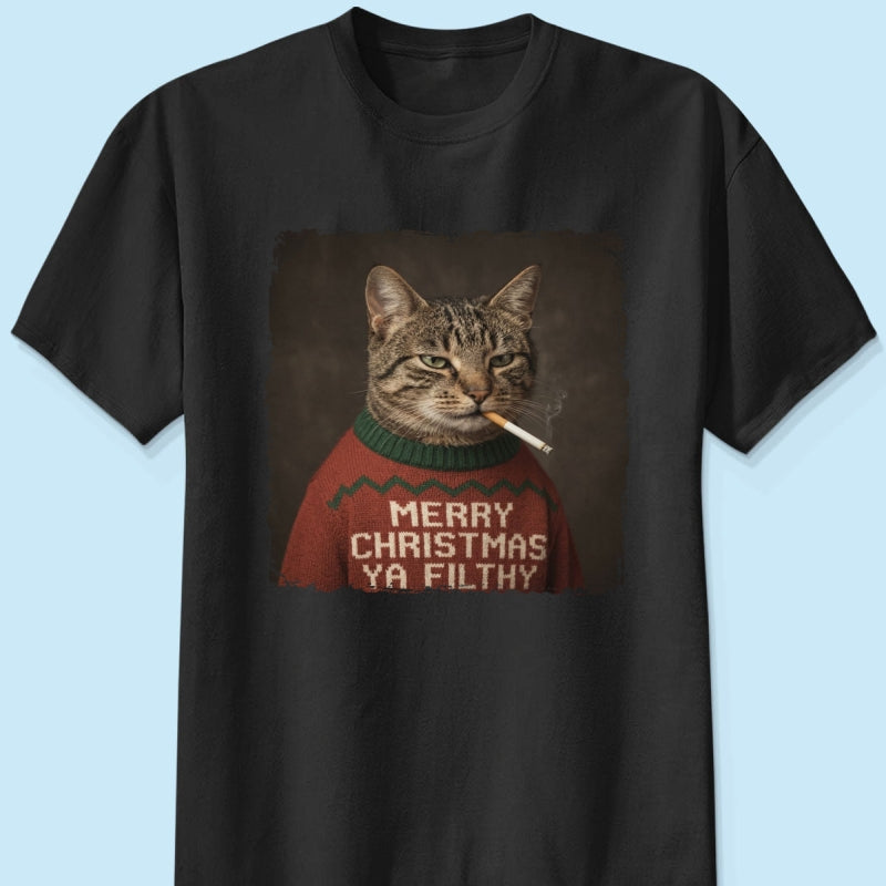Funny Christmas Smoking Cat Upload Pet Photo - Personalized Shirt - Sarcastic Holiday Meme Tee, Cool Cat Lover Gift, Vintage Grunge Xmas Cat Gift, Ironic Pet Shirt