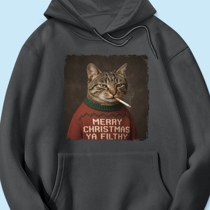 Funny Christmas Smoking Cat Upload Pet Photo - Personalized Shirt - Sarcastic Holiday Meme Tee, Cool Cat Lover Gift, Vintage Grunge Xmas Cat Gift, Ironic Pet Shirt