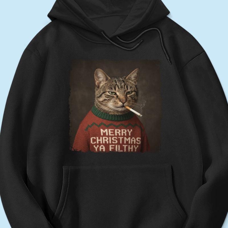 Funny Christmas Smoking Cat Upload Pet Photo - Personalized Shirt - Sarcastic Holiday Meme Tee, Cool Cat Lover Gift, Vintage Grunge Xmas Cat Gift, Ironic Pet Shirt