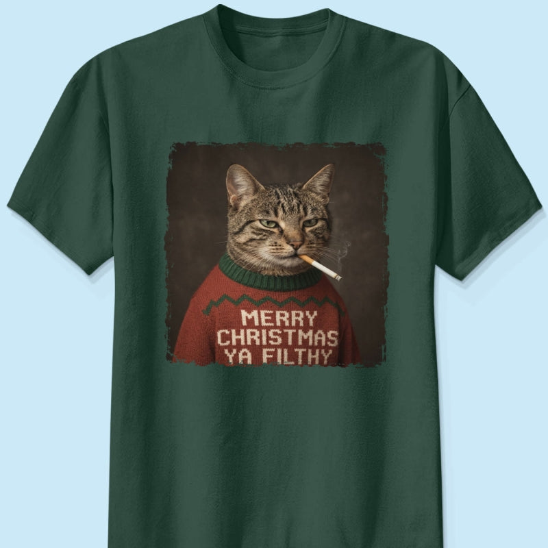Funny Christmas Smoking Cat Upload Pet Photo - Personalized Shirt - Sarcastic Holiday Meme Tee, Cool Cat Lover Gift, Vintage Grunge Xmas Cat Gift, Ironic Pet Shirt