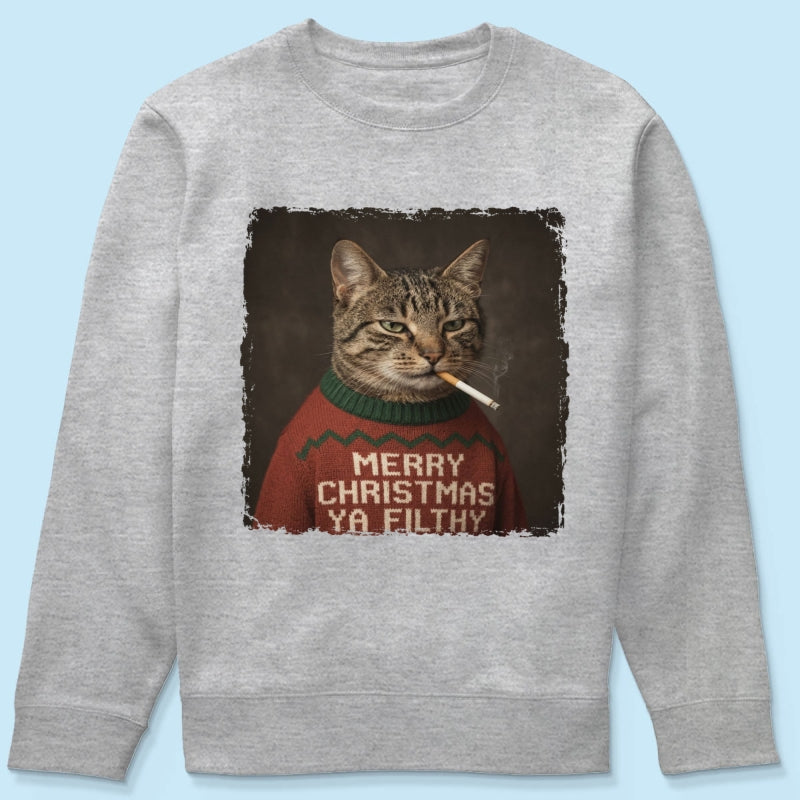 Funny Christmas Smoking Cat Upload Pet Photo - Personalized Shirt - Sarcastic Holiday Meme Tee, Cool Cat Lover Gift, Vintage Grunge Xmas Cat Gift, Ironic Pet Shirt
