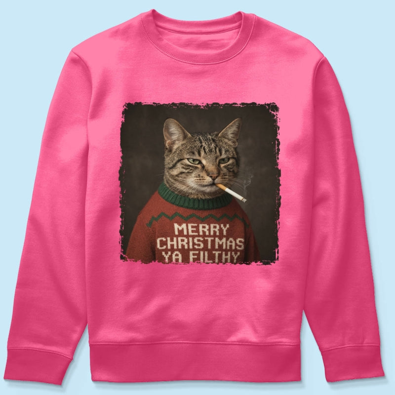 Funny Christmas Smoking Cat Upload Pet Photo - Personalized Shirt - Sarcastic Holiday Meme Tee, Cool Cat Lover Gift, Vintage Grunge Xmas Cat Gift, Ironic Pet Shirt
