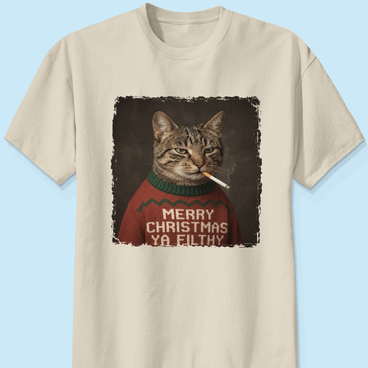 Funny Christmas Smoking Cat Upload Pet Photo - Personalized Shirt - Sarcastic Holiday Meme Tee, Cool Cat Lover Gift, Vintage Grunge Xmas Cat Gift, Ironic Pet Shirt