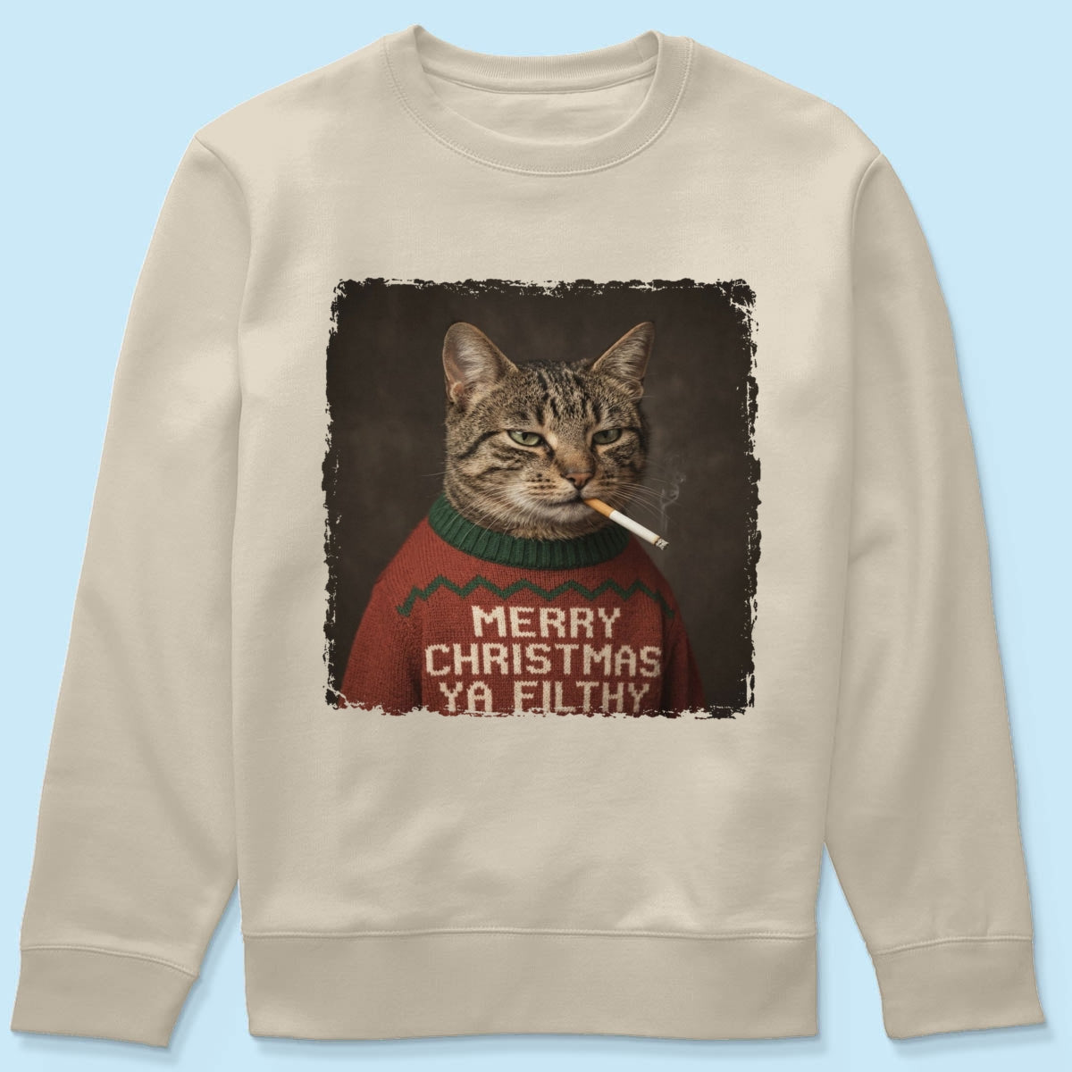 Funny Christmas Smoking Cat Upload Pet Photo - Personalized Shirt - Sarcastic Holiday Meme Tee, Cool Cat Lover Gift, Vintage Grunge Xmas Cat Gift, Ironic Pet Shirt