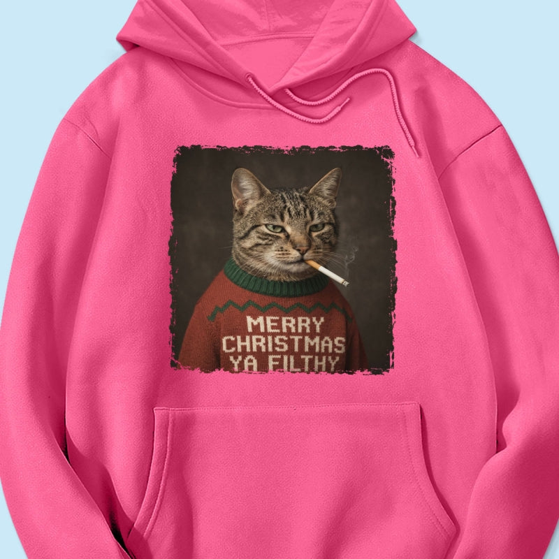 Funny Christmas Smoking Cat Upload Pet Photo - Personalized Shirt - Sarcastic Holiday Meme Tee, Cool Cat Lover Gift, Vintage Grunge Xmas Cat Gift, Ironic Pet Shirt