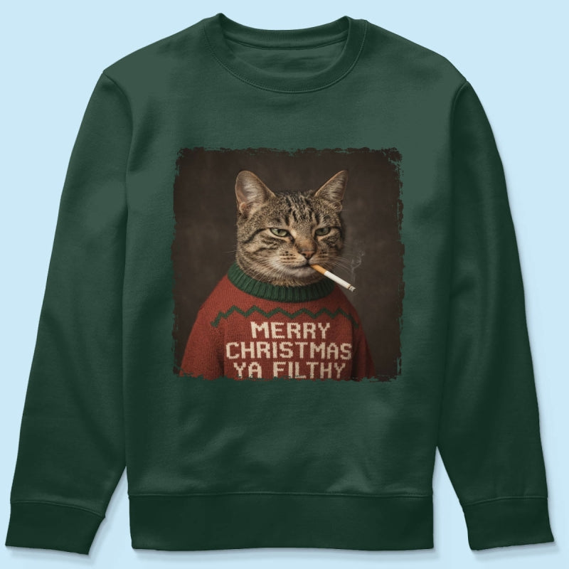 Funny Christmas Smoking Cat Upload Pet Photo - Personalized Shirt - Sarcastic Holiday Meme Tee, Cool Cat Lover Gift, Vintage Grunge Xmas Cat Gift, Ironic Pet Shirt