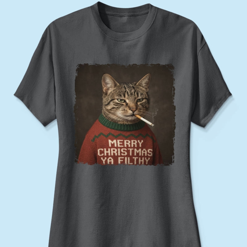 Funny Christmas Smoking Cat Upload Pet Photo - Personalized Shirt - Sarcastic Holiday Meme Tee, Cool Cat Lover Gift, Vintage Grunge Xmas Cat Gift, Ironic Pet Shirt