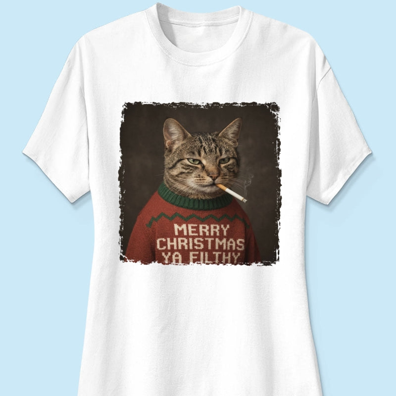 Funny Christmas Smoking Cat Upload Pet Photo - Personalized Shirt - Sarcastic Holiday Meme Tee, Cool Cat Lover Gift, Vintage Grunge Xmas Cat Gift, Ironic Pet Shirt