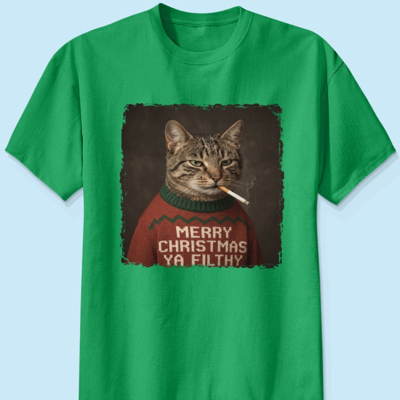 Funny Christmas Smoking Cat Upload Pet Photo - Personalized Shirt - Sarcastic Holiday Meme Tee, Cool Cat Lover Gift, Vintage Grunge Xmas Cat Gift, Ironic Pet Shirt
