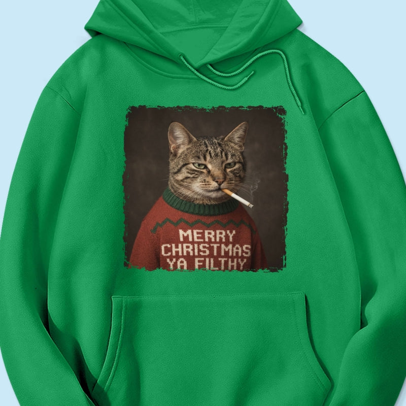 Funny Christmas Smoking Cat Upload Pet Photo - Personalized Shirt - Sarcastic Holiday Meme Tee, Cool Cat Lover Gift, Vintage Grunge Xmas Cat Gift, Ironic Pet Shirt