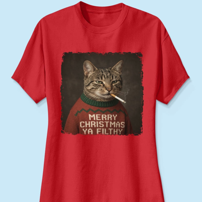 Funny Christmas Smoking Cat Upload Pet Photo - Personalized Shirt - Sarcastic Holiday Meme Tee, Cool Cat Lover Gift, Vintage Grunge Xmas Cat Gift, Ironic Pet Shirt