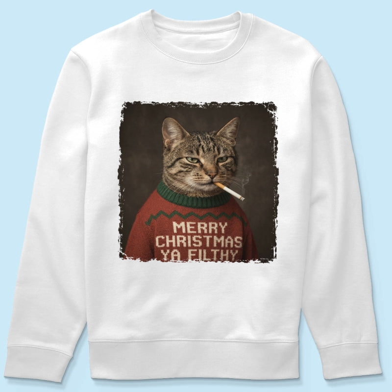 Funny Christmas Smoking Cat Upload Pet Photo - Personalized Shirt - Sarcastic Holiday Meme Tee, Cool Cat Lover Gift, Vintage Grunge Xmas Cat Gift, Ironic Pet Shirt