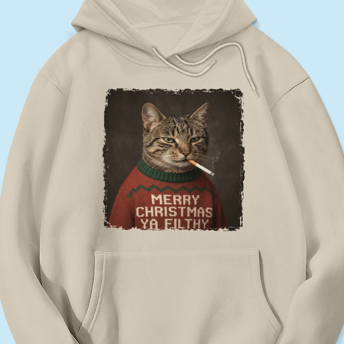 Funny Christmas Smoking Cat Upload Pet Photo - Personalized Shirt - Sarcastic Holiday Meme Tee, Cool Cat Lover Gift, Vintage Grunge Xmas Cat Gift, Ironic Pet Shirt