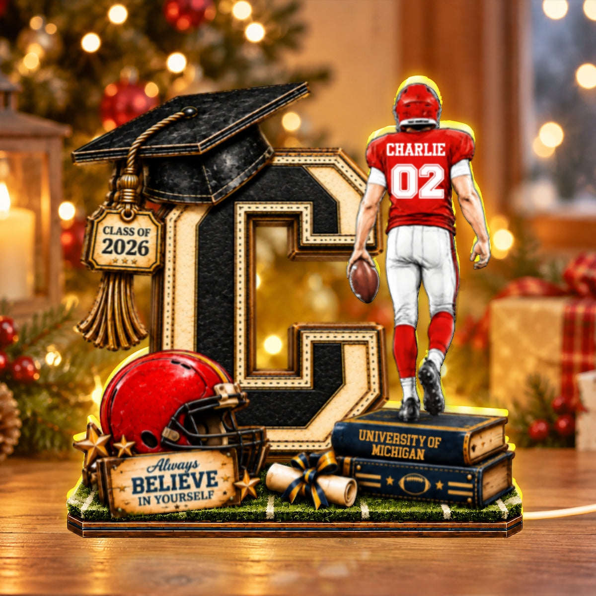 Football Graduation Custom Initial - Personalized Light Box - Class of 2026 Senior Gift, Christmas Gift for Son, Grandson, for Him