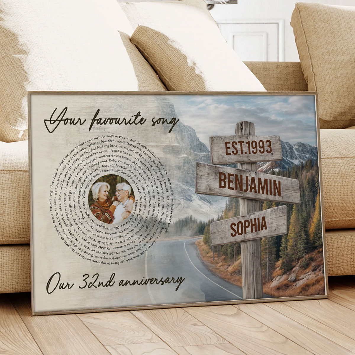 Vintage Signpost Mountain Landscape Song Lyrics Art Personalized Poster, Anniversary Valentine's Gift For Her, For Him