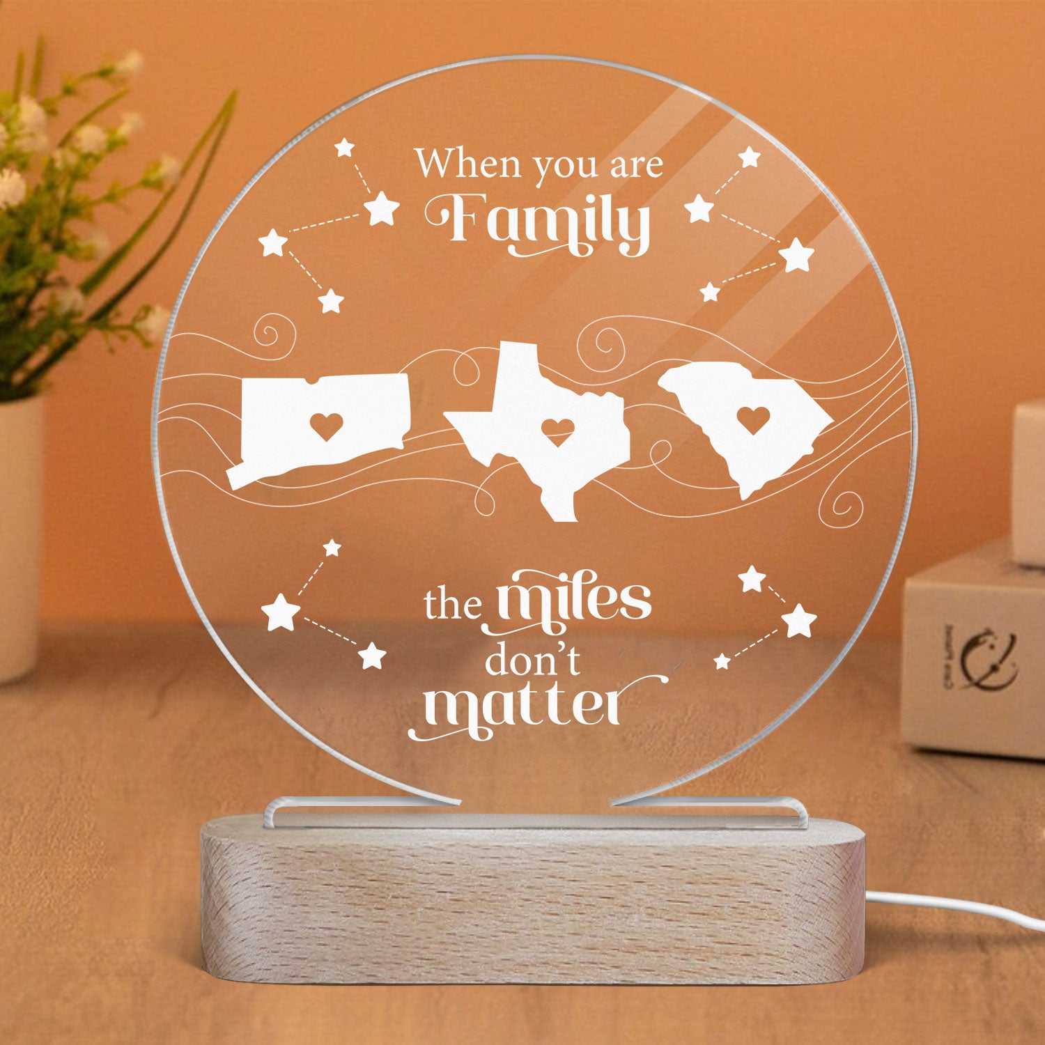 Long Distance Family Friends Siblings Sisters Besties Personalized Circle LED Night Light, Togetherness Christmas Gift