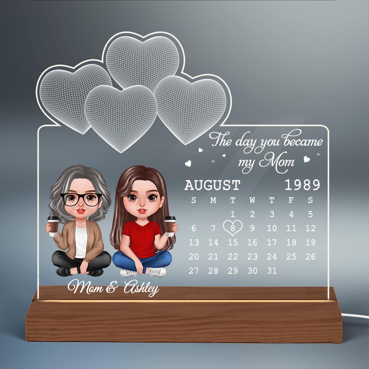 Realistic Doll Mother Daughter Under 3D Heart Personalized Custom Shape LED Night Light