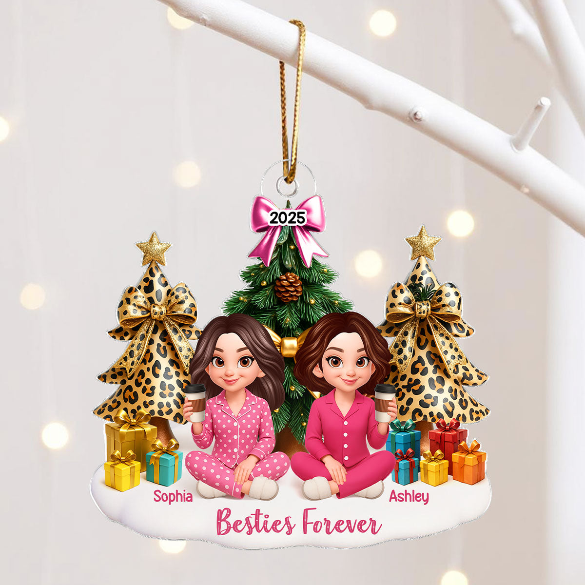 Besties Sitting Around Christmas Tree Personalized Acrylic Ornament, Christmas Gift for Best Friends, Sisters