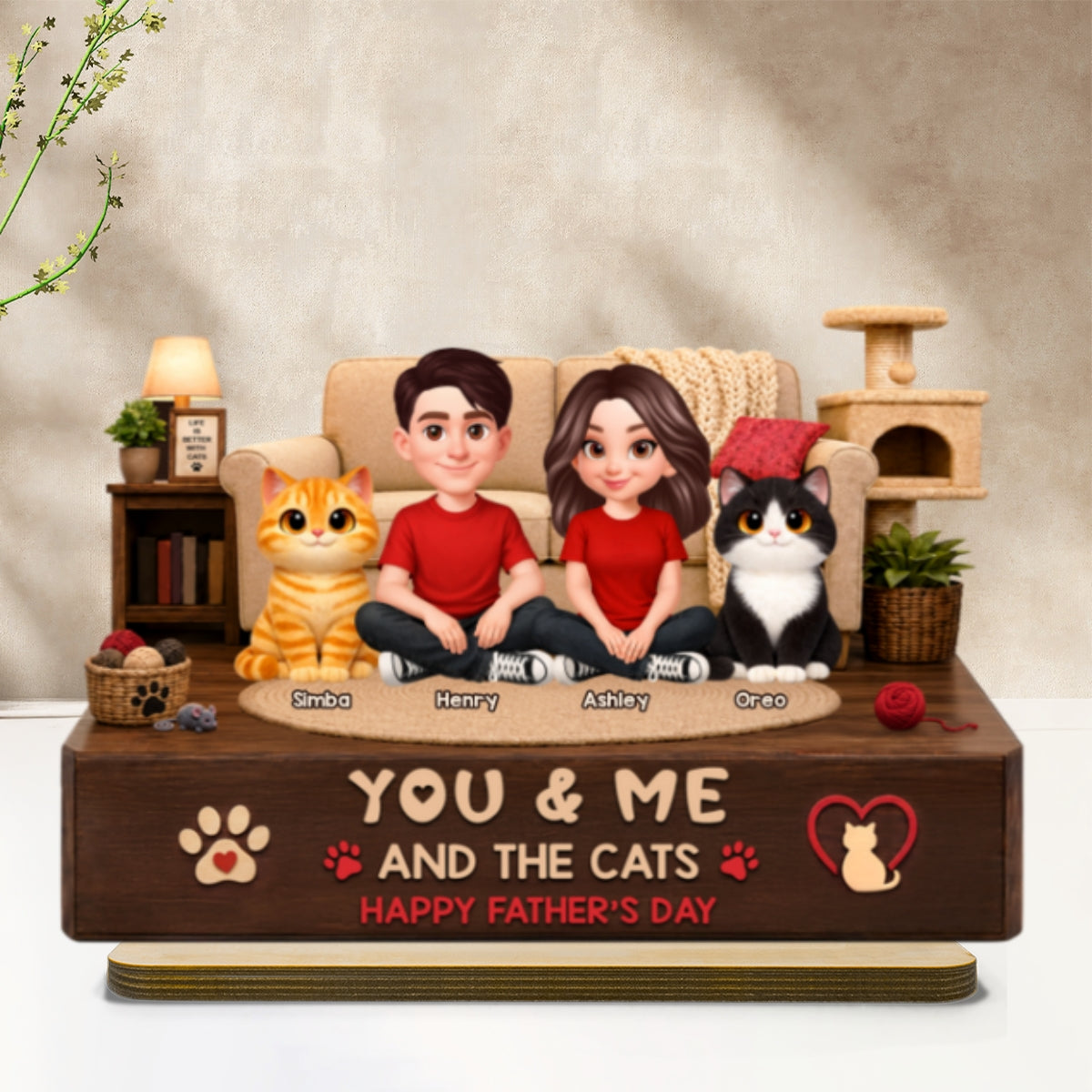 You & Me And The Cats Cozy Room - Personalized 2-Layered Wooden Plaque - Father's Day Gift For Cat Dad