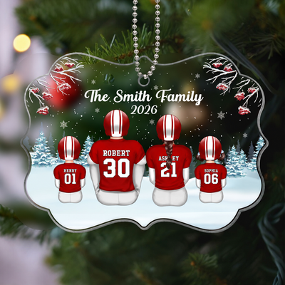 Football Family Sitting In Snow Personalized Acrylic Ornament, Christmas Gift