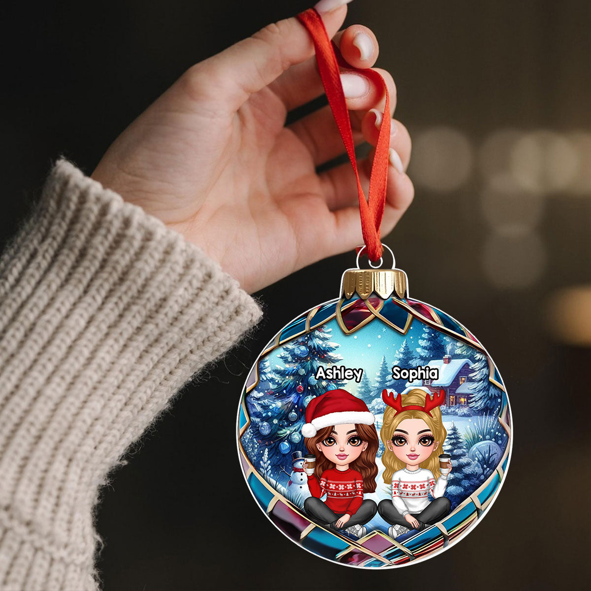 Realistic Christmas Winter Scene Besties Sisters Personalized Acrylic Ornament, Christmas Gift for Besties, Sisters, Friends