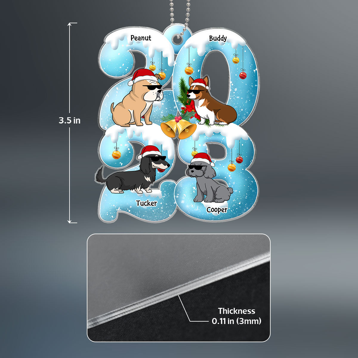 Funny Cartoon Dogs Sitting 2023 Blue Winter Snow Personalized Acrylic Ornament