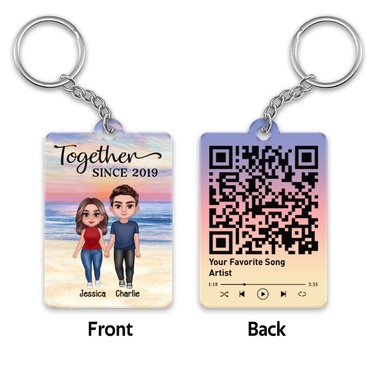 Doll Couple Standing At Beach Favorite Song Scannable QR Code Personalized Acrylic Keychain