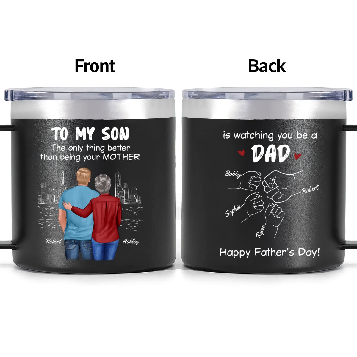 From Mom Dad To Son Watching You Be A Dad Personalized Stainless Steel Tumbler With Handle, Gift For Son