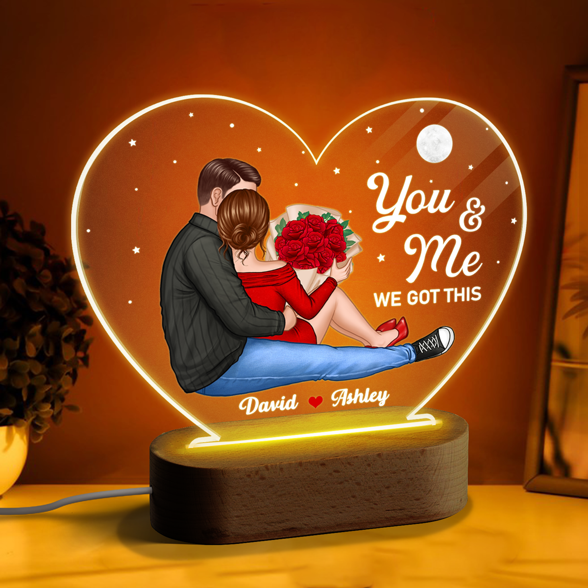 Couple Sitting Together Since Personalized Heart Acrylic Plaque With LED Night Light