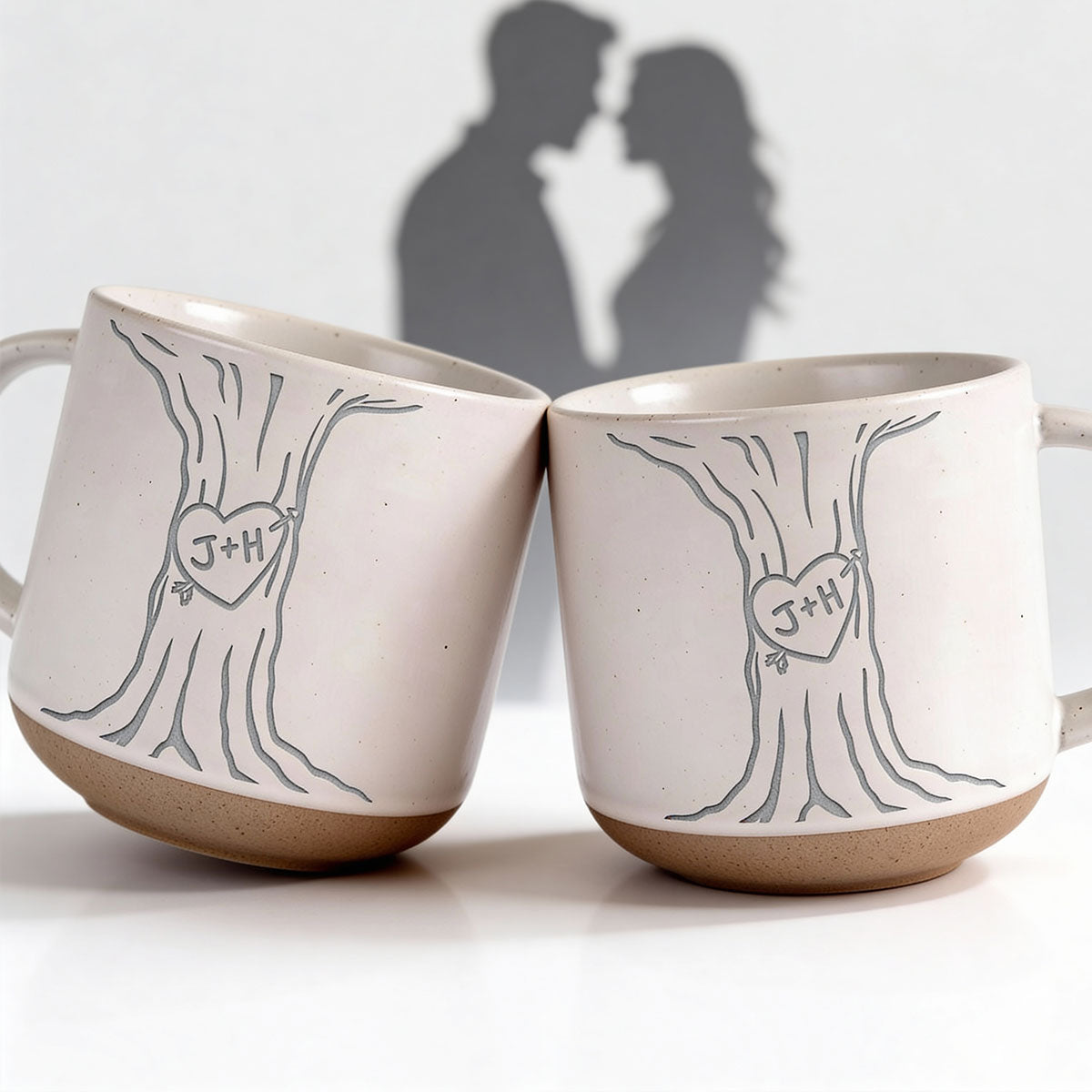 Couple Name Initials Engraved In A Heart Tree - Personalized Pottery Mug - Valentine's Day, Anniversary, Engagement Gift