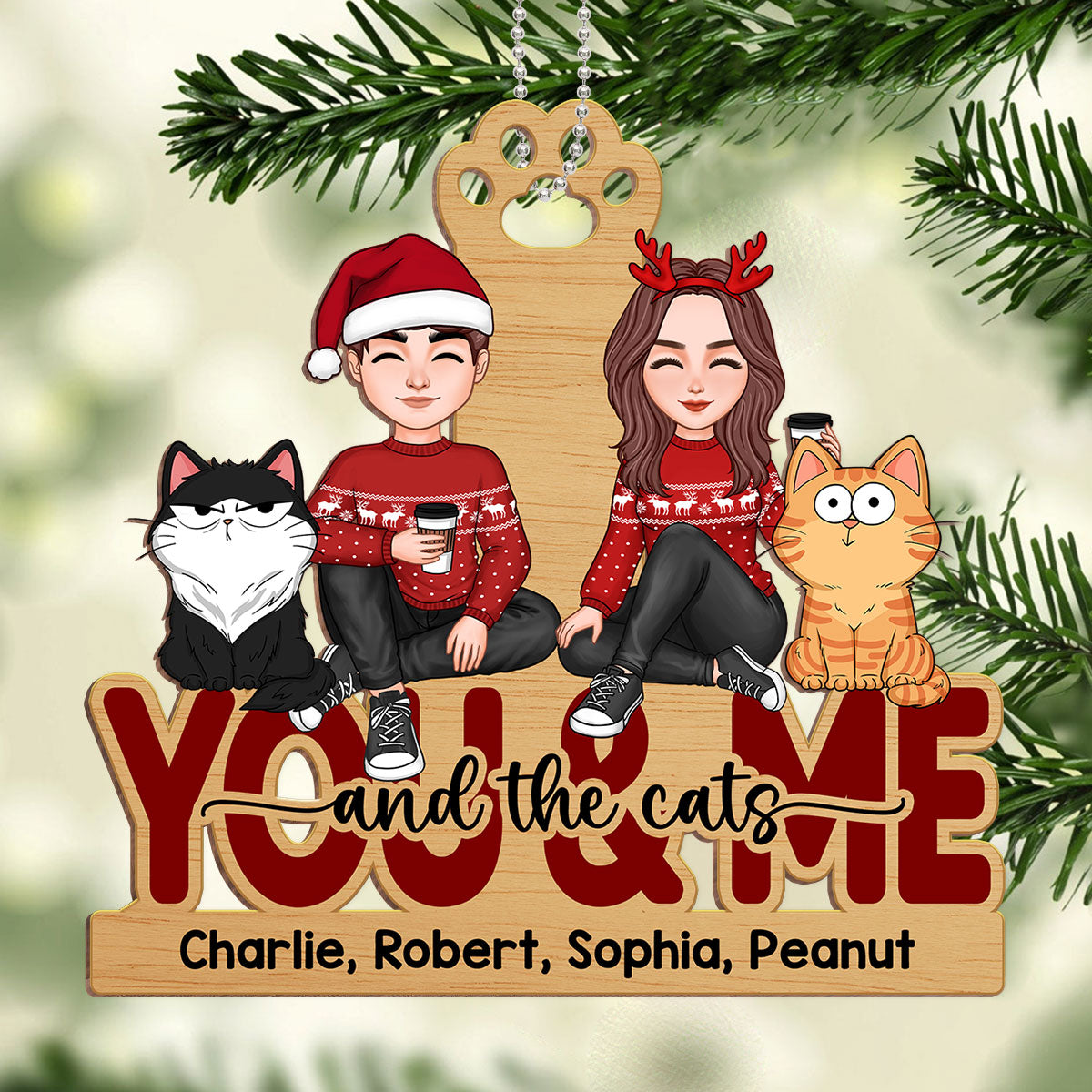 Couple And The Cats Funny Expression Personalized Wooden Ornament