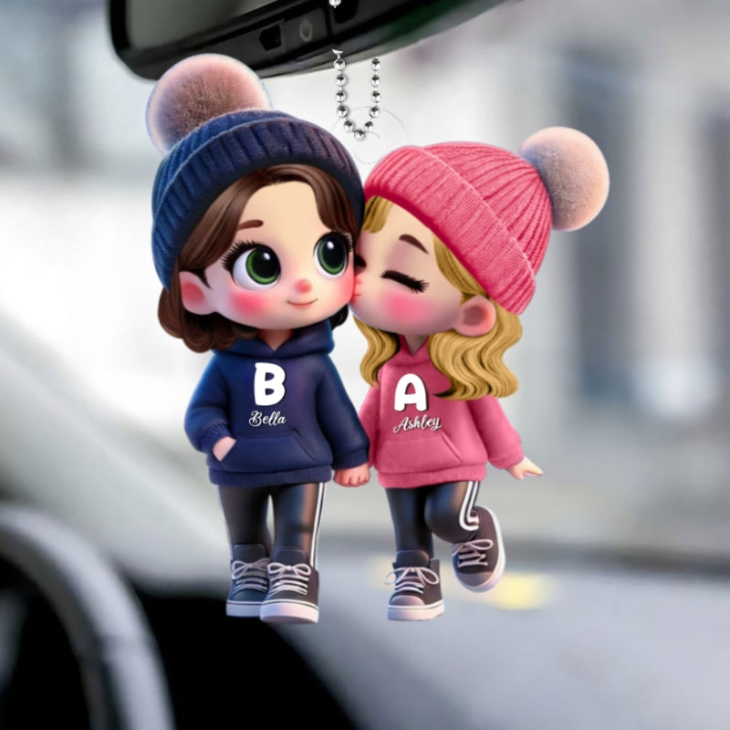 Personalized 3D Cartoon Lesbian Couple Car Ornament – Cute Acrylic Gift for Pride Month