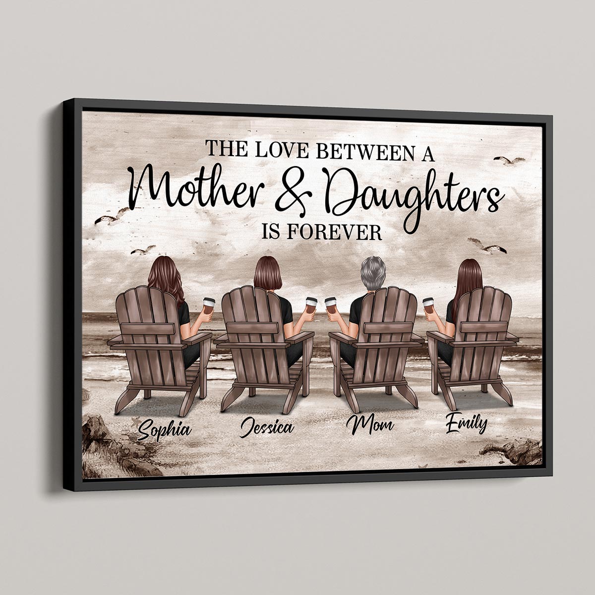 Retro Vintage Mom And Daughters Sons Beach Landscape Personalized Horizontal Poster