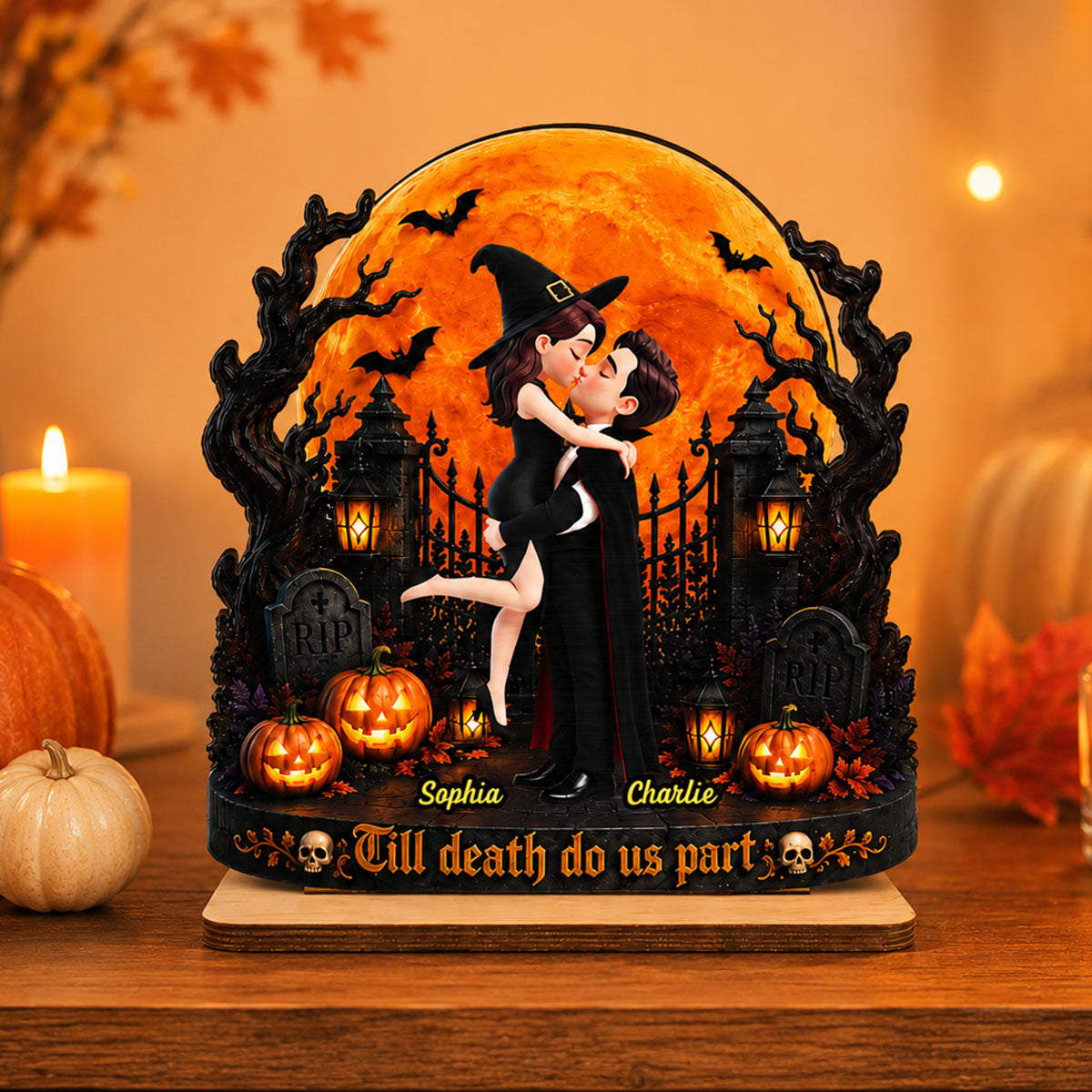 Eternal Love Couple Under Halloween Moon Light - Personalized 2-Layered Wooden Plaque - Halloween Gift For Couple