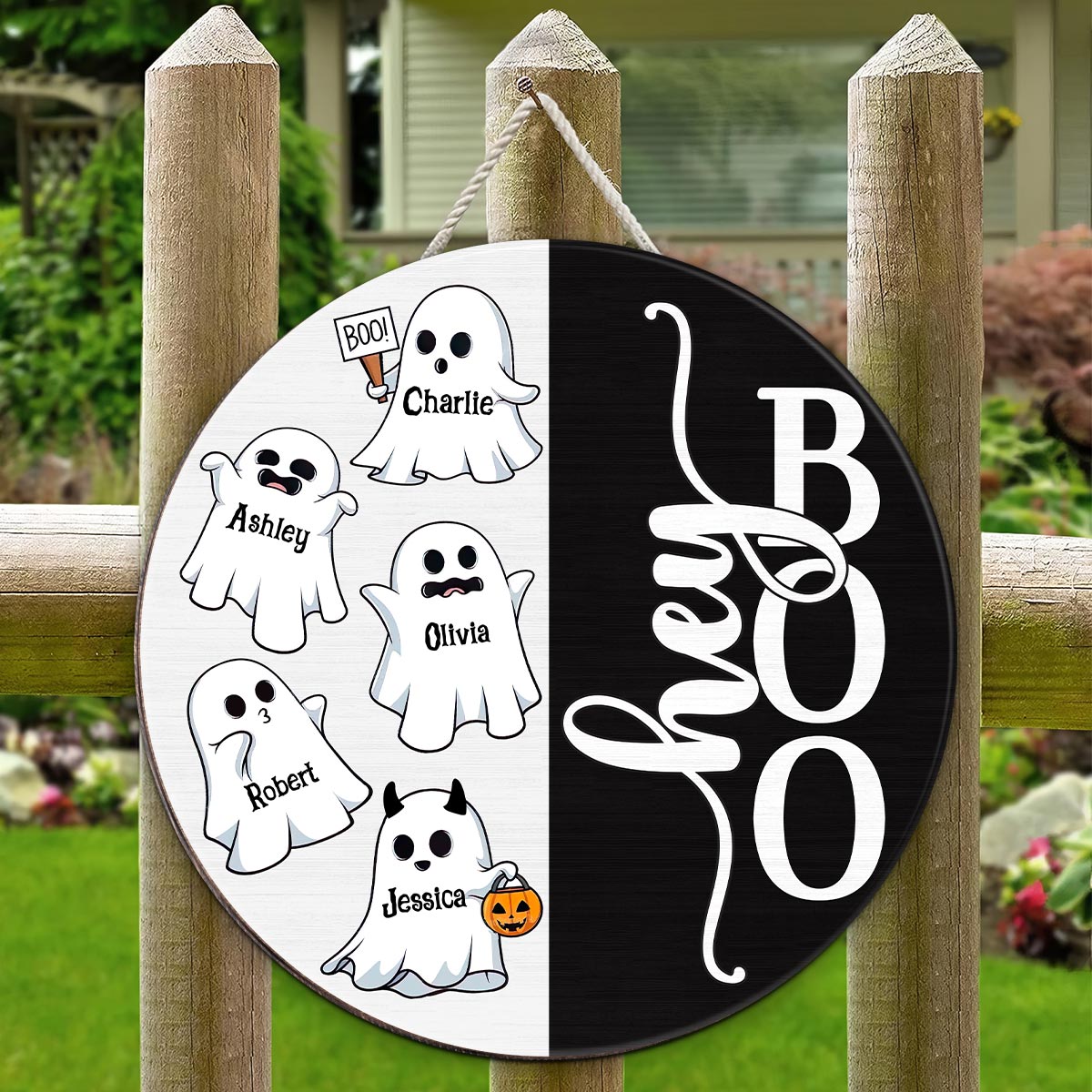 Hey Boo Halloween Family Personalized Wood Sign, Door Hanger, Halloween Decor