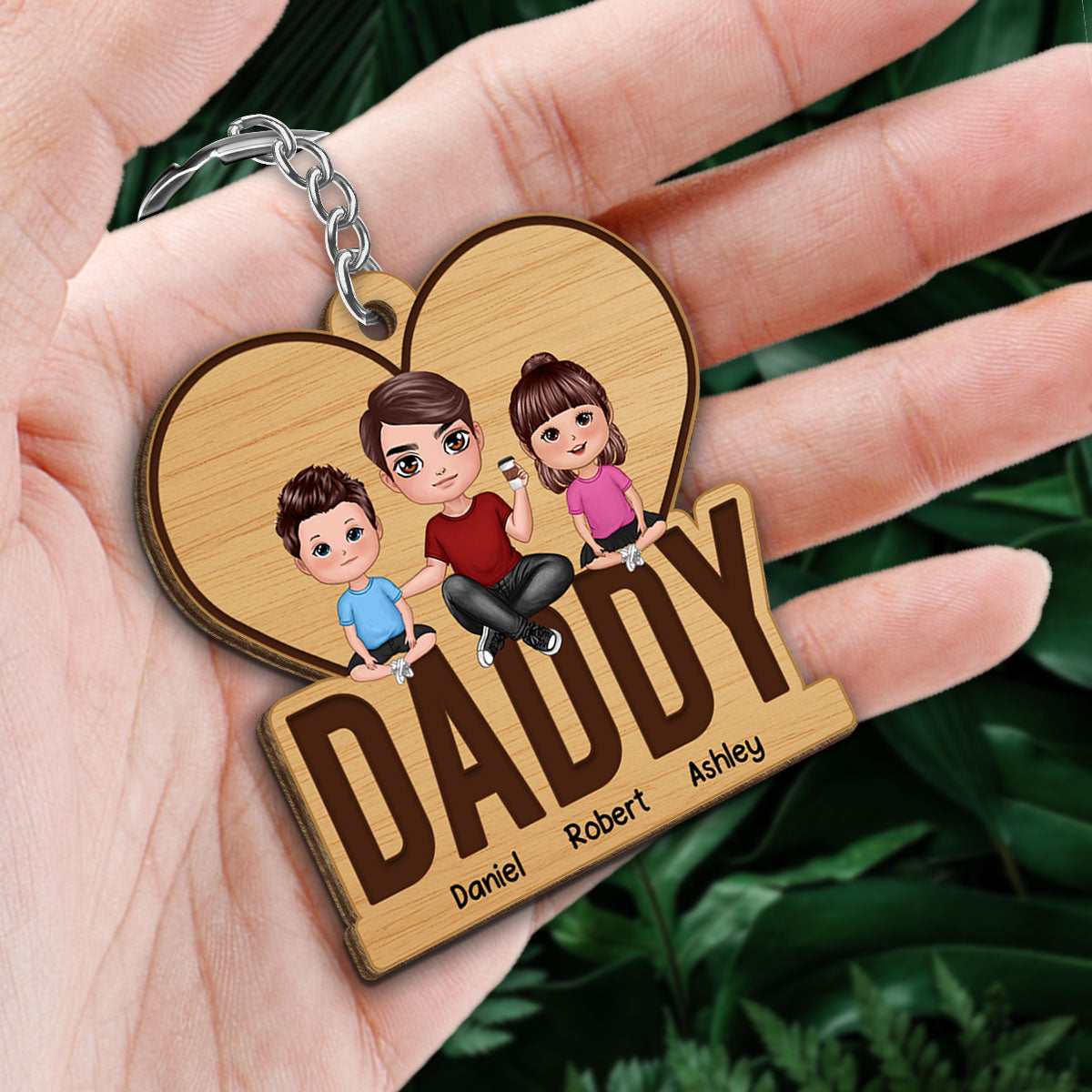 Dad And Kids Sitting Personalized Wooden Keychain