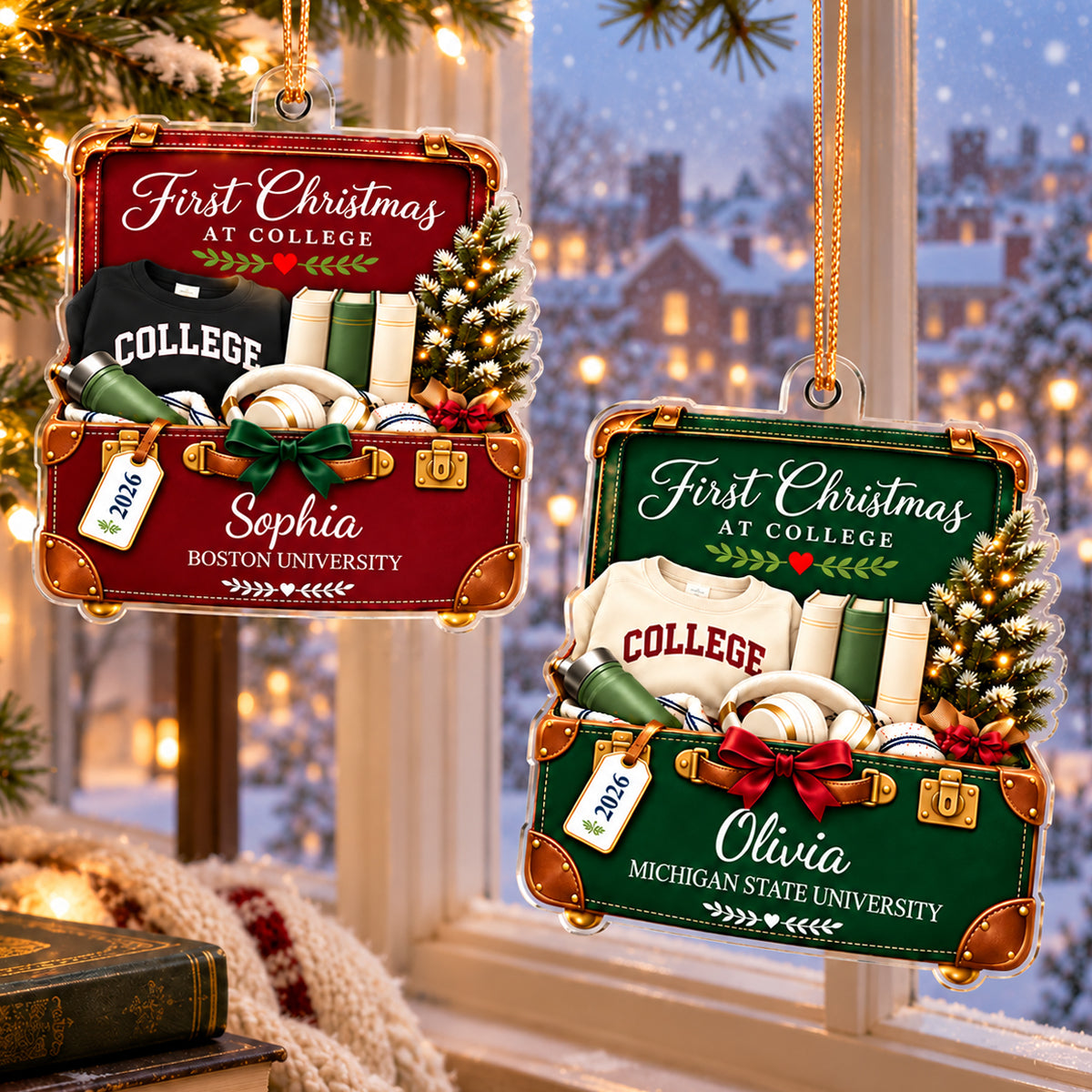 First Christmas at College Suitcase 2D Flat - Personalized Acrylic Ornament – Custom Name & School Christmas Gift for College Freshman