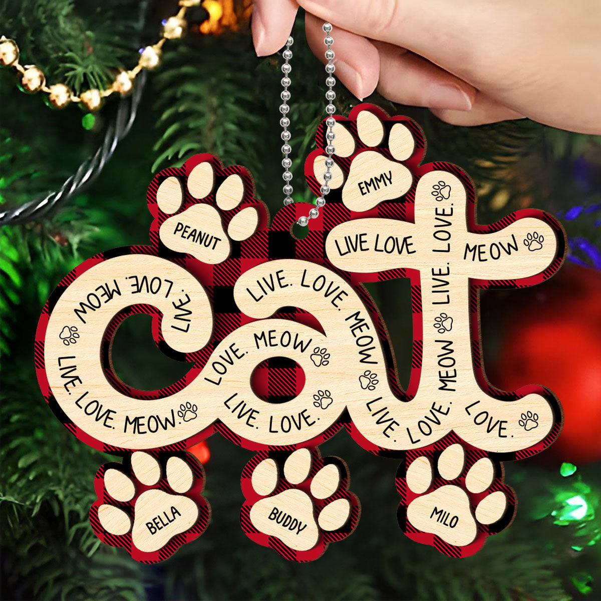 Cat Live Love Meow Paws Christmas Personalized 2-Layer Wooden Ornament, Christmas Gift for Cat Lovers