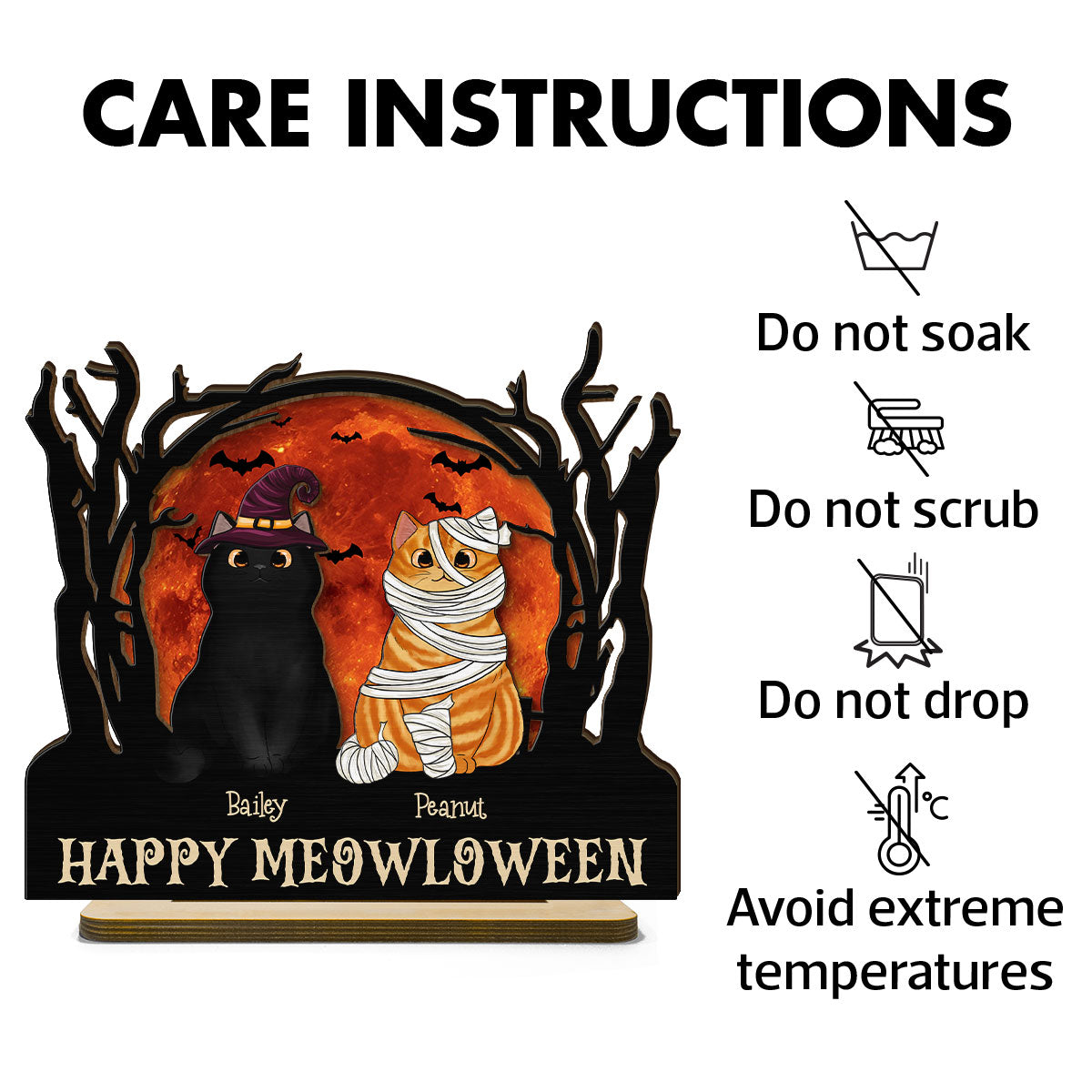 Stay Spooky Halloween Moon Scene Cat Lover Tabletop Tier Tray Decor Personalized 2-Layer Standing Wooden Plaque