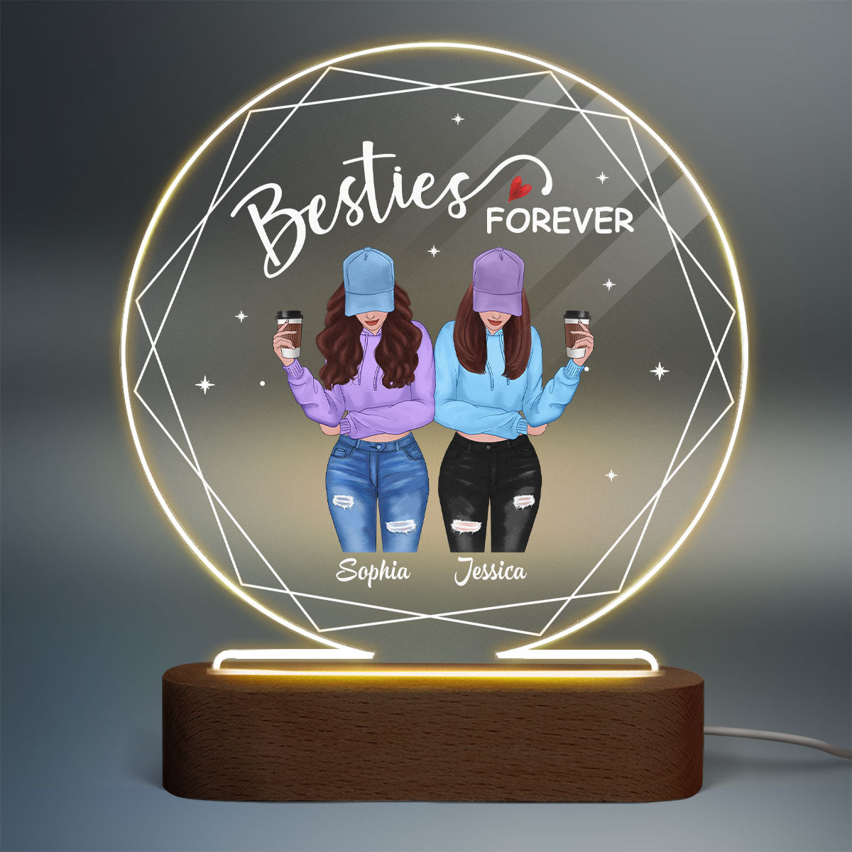 Hexagon Frame Front View Besties Personalized Circle Acrylic Plaque LED Light Night